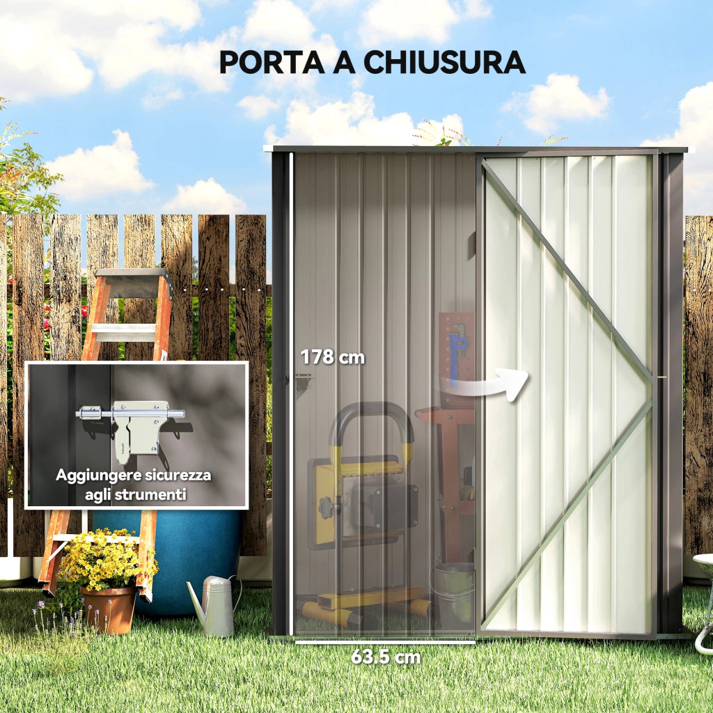 Casetta da Giardino in Acciaio Porta Attrezzi con Catenaccio, 161.5x94.5x196cm, Grigio Chiaro