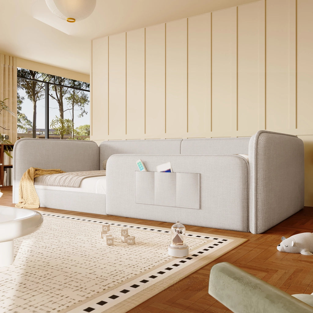Letto a piattaforma 90x200 cm con tasche portaoggetti e struttura imbottita in lino beige