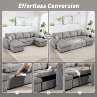 Divano Letto Moderno a U con 2 Chaise Longue e Vani Contenitore, Velluto a Coste, 282x140x86 cm, Grigio