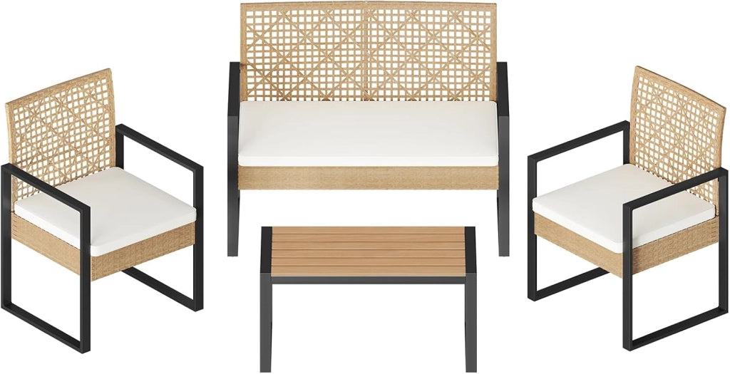 Set di Mobili da Esterno, Tavolo, Divano a 2 Posti e 2 Poltrone con Cuscini Rimovibili, Salotto da Giardino, Resistente alle Intemperie, per Terrazza, Balcone, Colore Legno Naturale