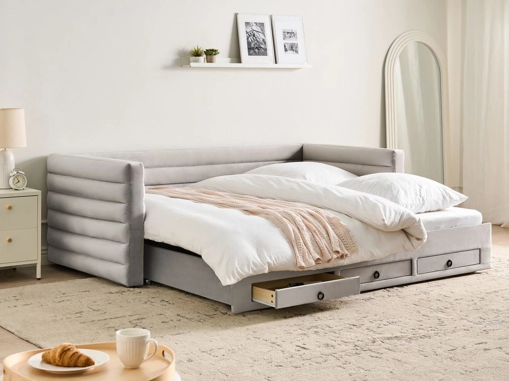 Letto estraibile in velluto grigio 90/180 x 200 cm con cassetti imbottito trapuntato letto da giorno glamour