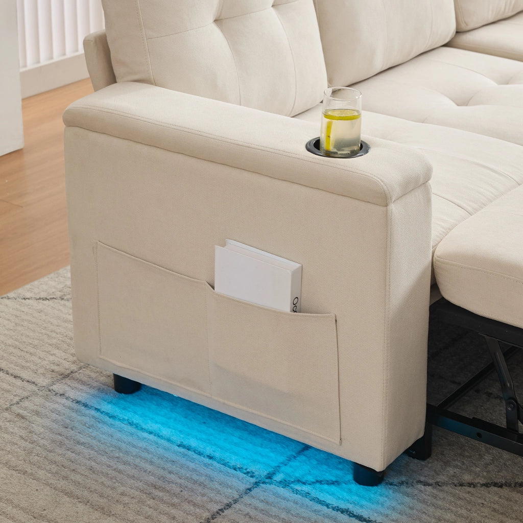 Divano Letto con Contenitore, LED, USB-C, Portabicchieri e Tasche, in Tessuto, Beige
