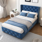DESMIU Letto imbottito 90 × 200 cm 1 posto con trapuntatura a bottoni, borchie decorative, senza materasso, blu