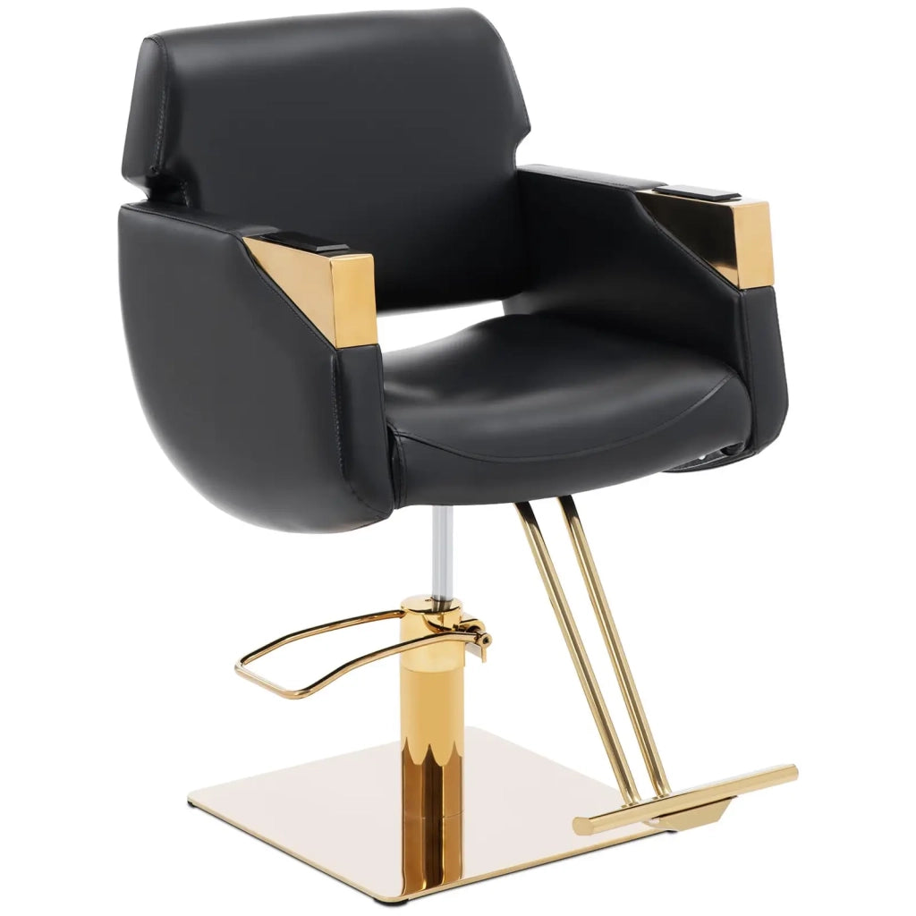 Poltrona professionale per parrucchiere con poggiapiedi portata 200 kg acciaio inox PVC nero e oro 14_0008953