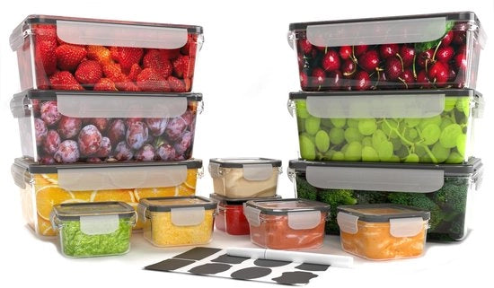 Contenitori alimentari in plastica a prova di vuoto, 12 pezzi, con coperchi (6 contenitori, 6 coperchi), impermeabili, liberi da BPA, resistenti al congelatore, al microonde e al lavastoviglie, 6 contenitori per salse + 24 etichette