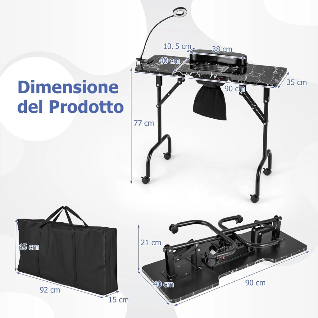 COSTWAY Tavolo per Manicure Pieghevole con Aspiratore Elettrico, Tavolo per Unghie Portatile con Luce LED, Cuscino Poggia Polso Clienti, Borsa e 4 Ruote Bloccabili (Nero)