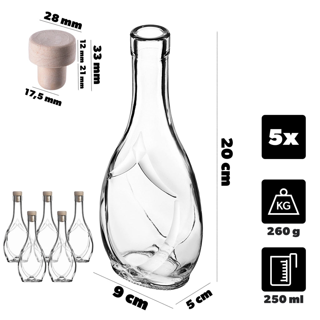 KADAX 5 bottiglie in vetro Icona da 250 ml per vino, liquori, distillati, alcolici, succhi di frutta con tappo di sughero