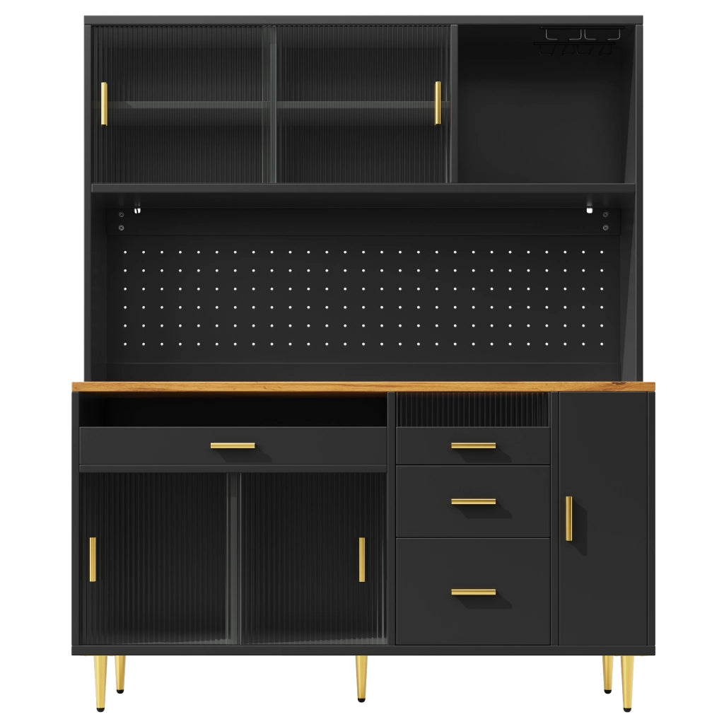 Credenza Alta da Cucina con 2 Ante Scorrevoli in Vetro; Ripiani Regolabili e LED; in MDF; 145×39×171 cm; Nero