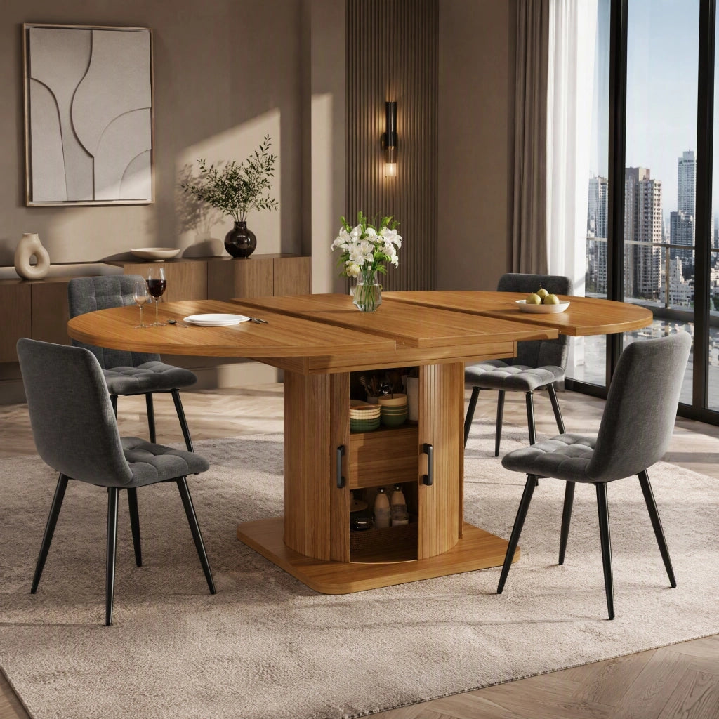 Tavolo allungabile con 4 sedie e vano contenitore, per cucina e soggiorno, in MDF e lino, nero marrone, 118 × 118 × 76 cm