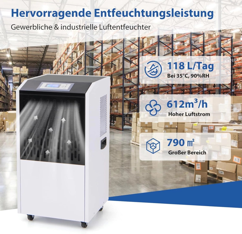 Deumidificatore Elettrico 118L/Giorno, Deumidificatore Professionale Industriale con Ruote, Tubo di Scarico, Timer 24 Ore, Filtro Rimovibile Lavabile, per Cantine, Magazzini, Scantinati (Bianco)
