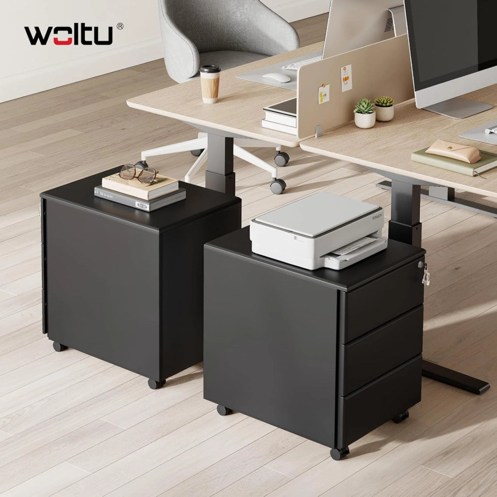 Cassettiera da Ufficio Scrivania Studio con Rotelle Mobiletto con 3 Cassetti e Serratura per Documenti Cartelle Sospese Cancelleria, Pre-Assemblato, metallo Nero SK024sz