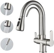 Kraan per cucina 3 vie 360 gradi rotante, acqua fredda e calda disponibile, finitura liscia nichelato.
