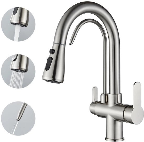 Kraan per cucina 3 vie 360 gradi rotante, acqua fredda e calda disponibile, finitura liscia nichelato.