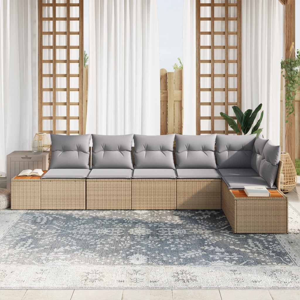 Set Divano da Giardino 6 Pezzi con Cuscini Beige Rattan Acacia
