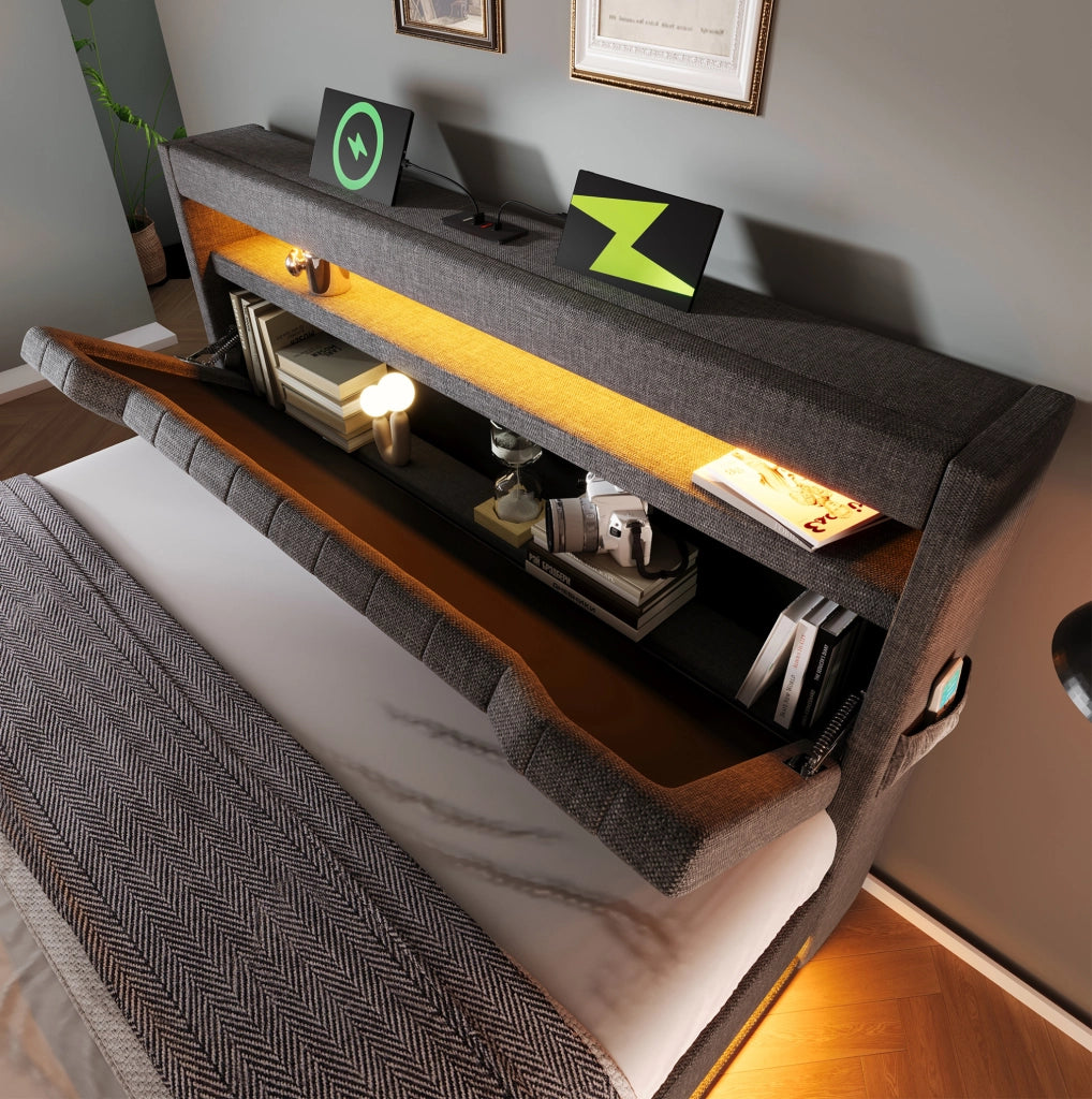 Letto matrimoniale 160x200 cm in lino grigio con LED; testiera con USB e Type-C; contenitore idraulico