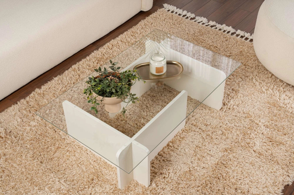Tavolino in vetro "Flavio" 105 x 65 x 30 cm - Legno bianco