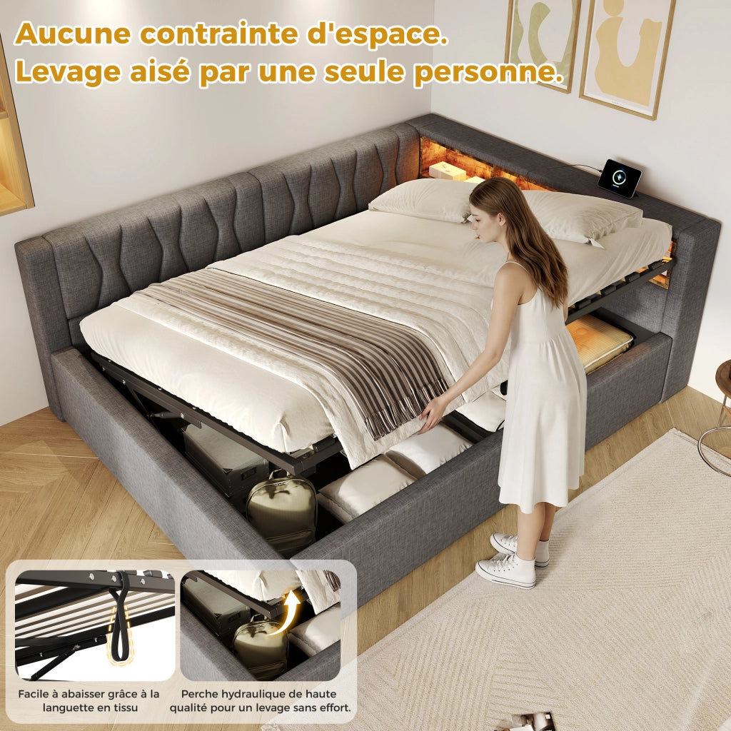 Letto contenitore 140x200 cm con sollevamento idraulico; LED dimmerabile; testiera con ripiano e USB; grigio