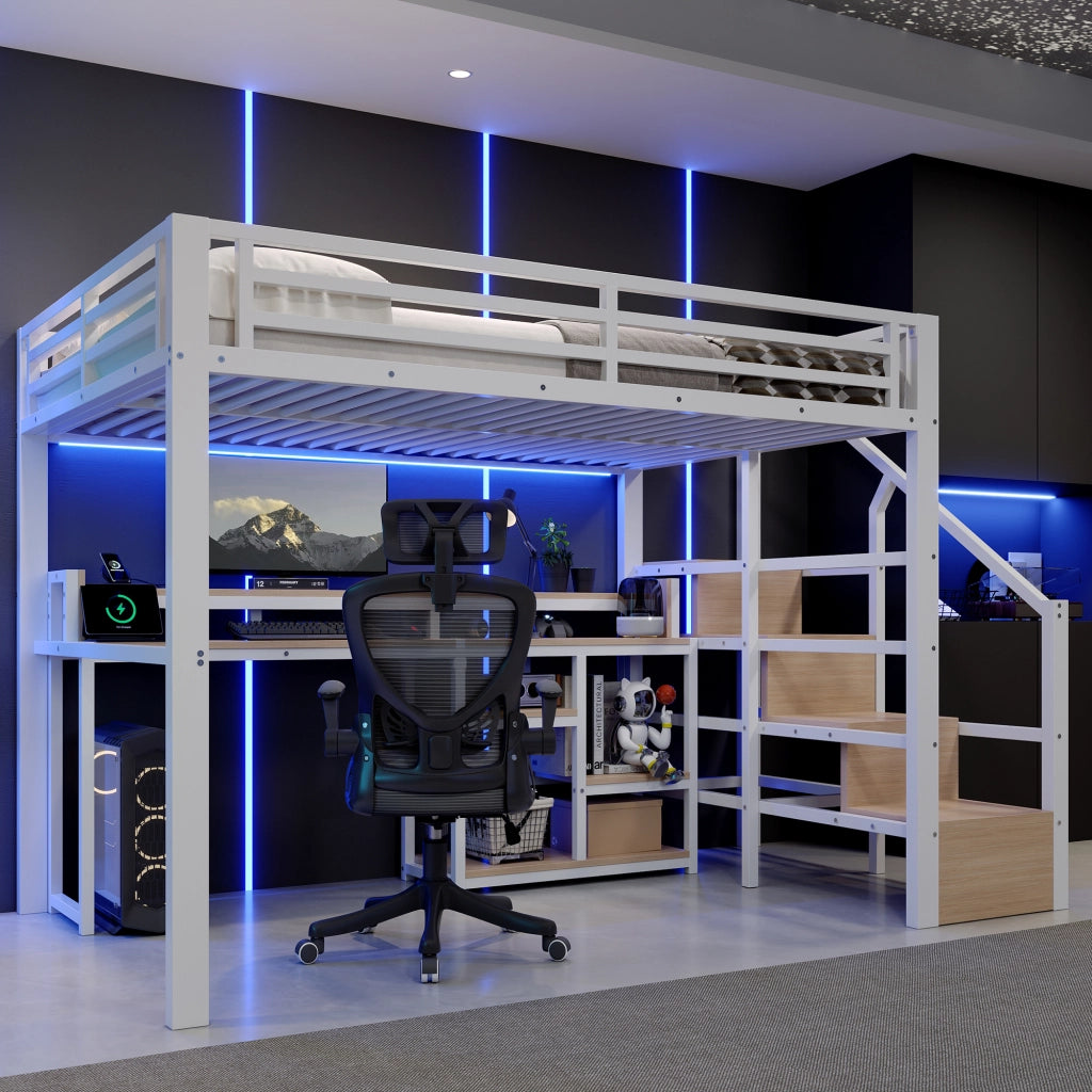 Letto a soppalco matrimoniale 140×200 cm con ripiani; USB; Type-C e LED; senza materasso; metallo e MDF; bianco