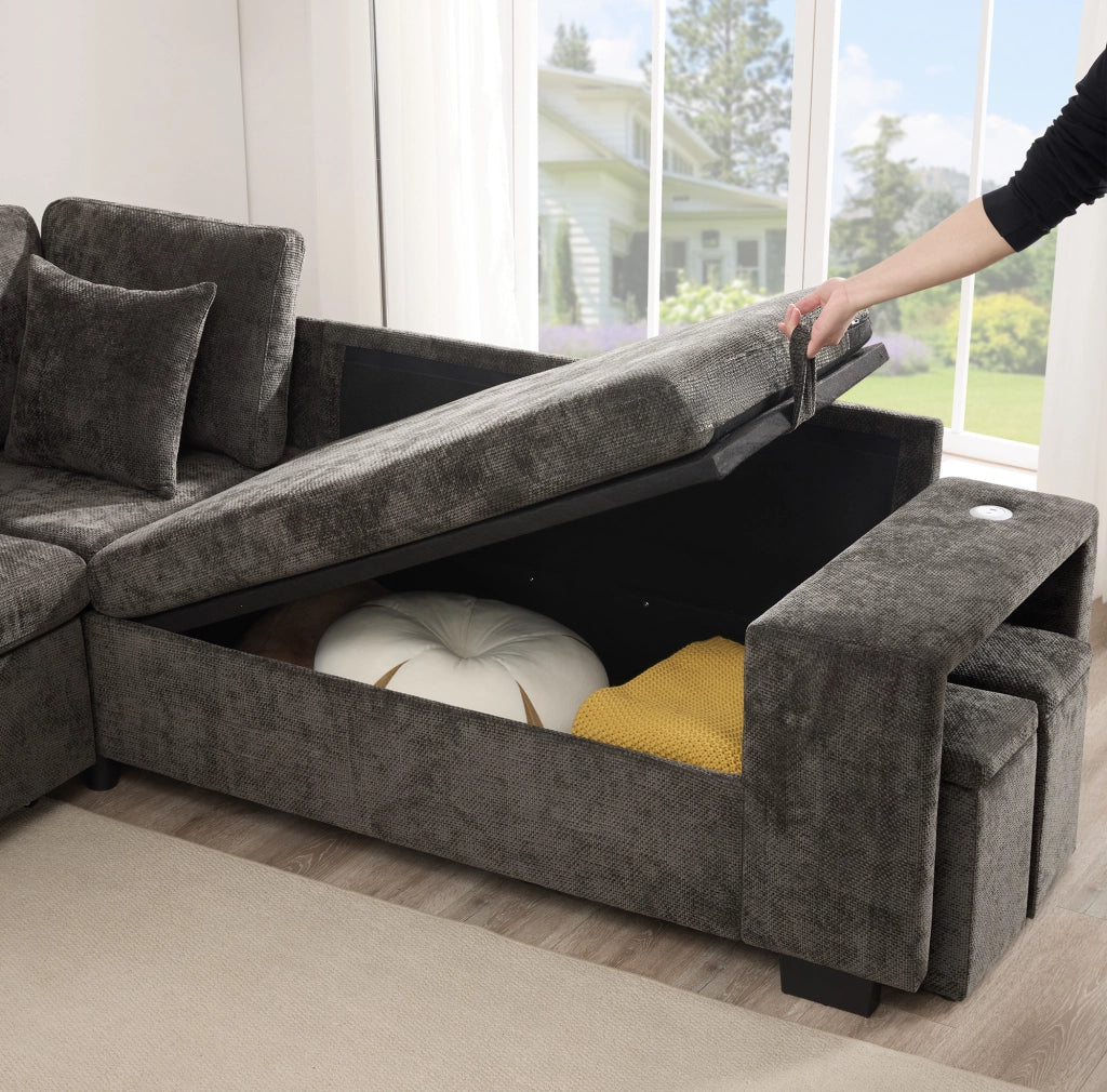 Divano letto angolare modulare 220 cm in ciniglia grigia con chaise longue reversibile e USB