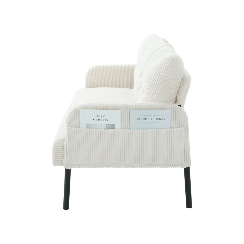 Divano a 3 posti in corduroy beige con schienale ergonomico, tasca laterale e struttura in metallo