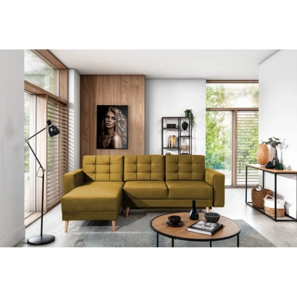 Divano angolare convertibile HASGARD 3 posti giallo 248x162 cm – con vano contenitore e piedi in legno