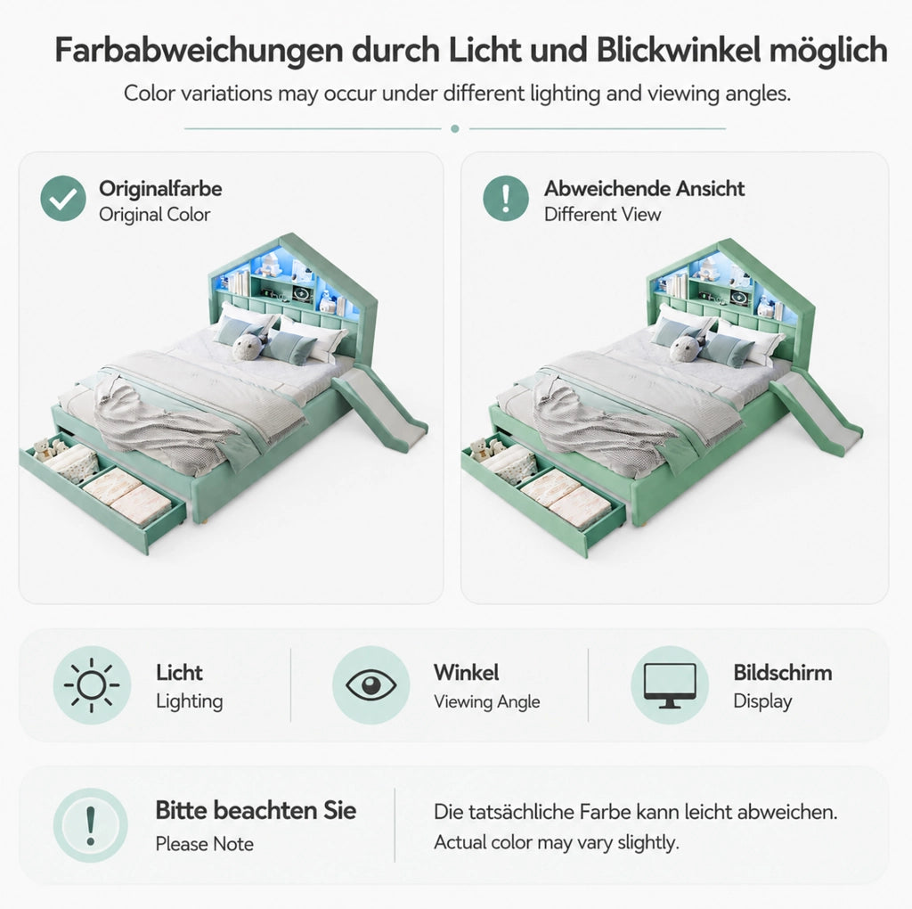 Letto per bambini imbottito 140x200 cm blu verde con scivolo montabile su entrambi i lati; LED e vano contenitore