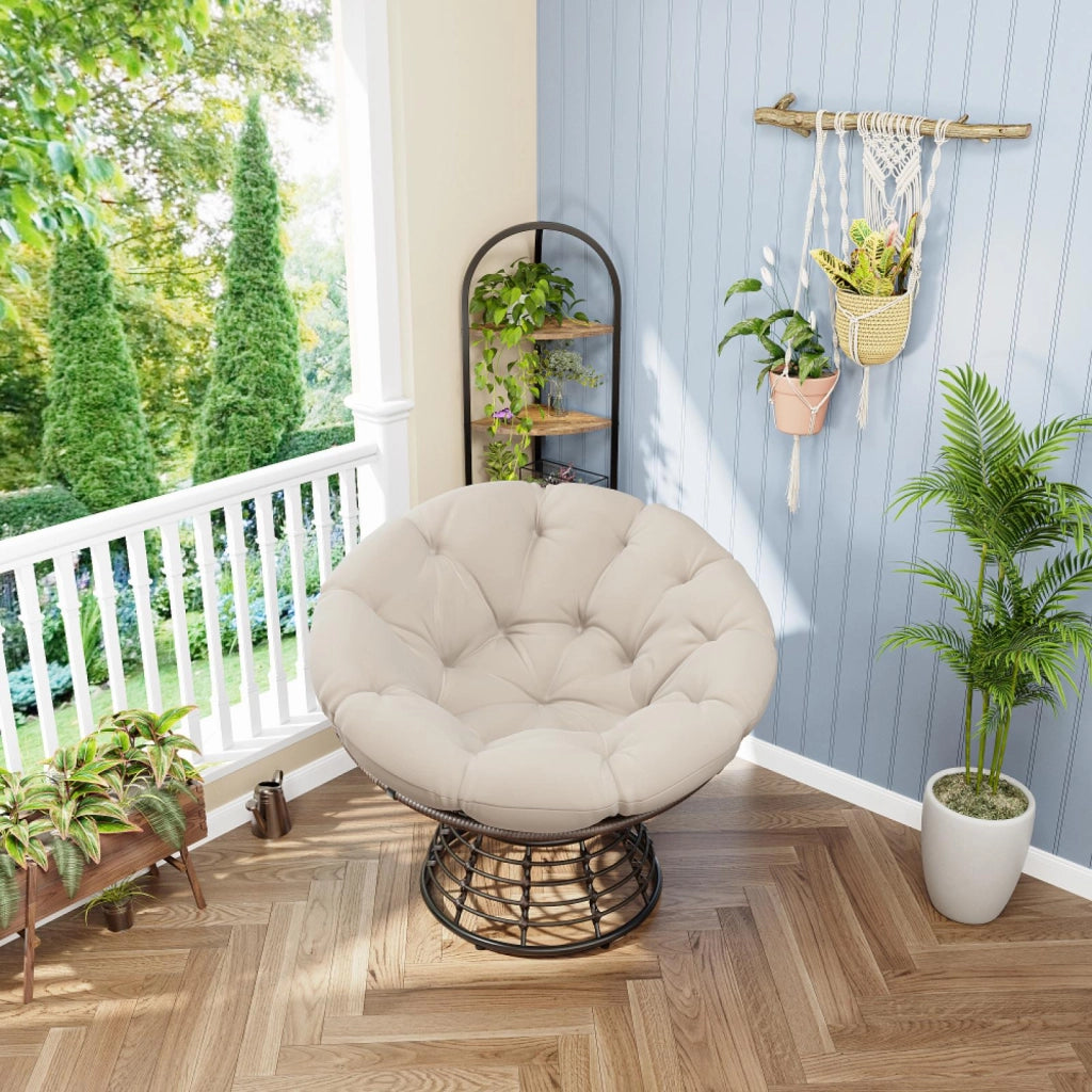 Sedia girevole in vimini, rotazione silenziosa a 360°, imbottitura spessa, beige