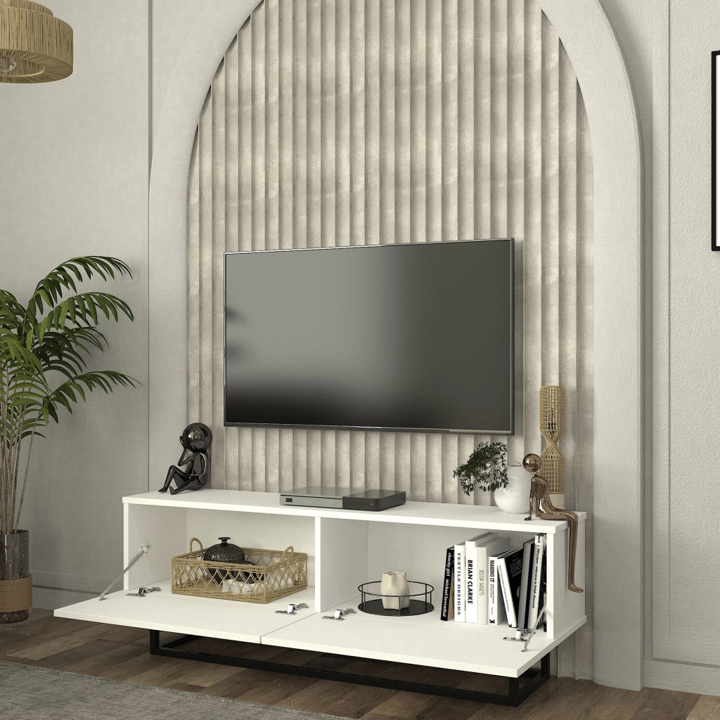 Mobile Porta TV Nolven a 2 Ante Ribalta e Telaio in Metallo 135x32x47 cm - Bianco [en.casa]
