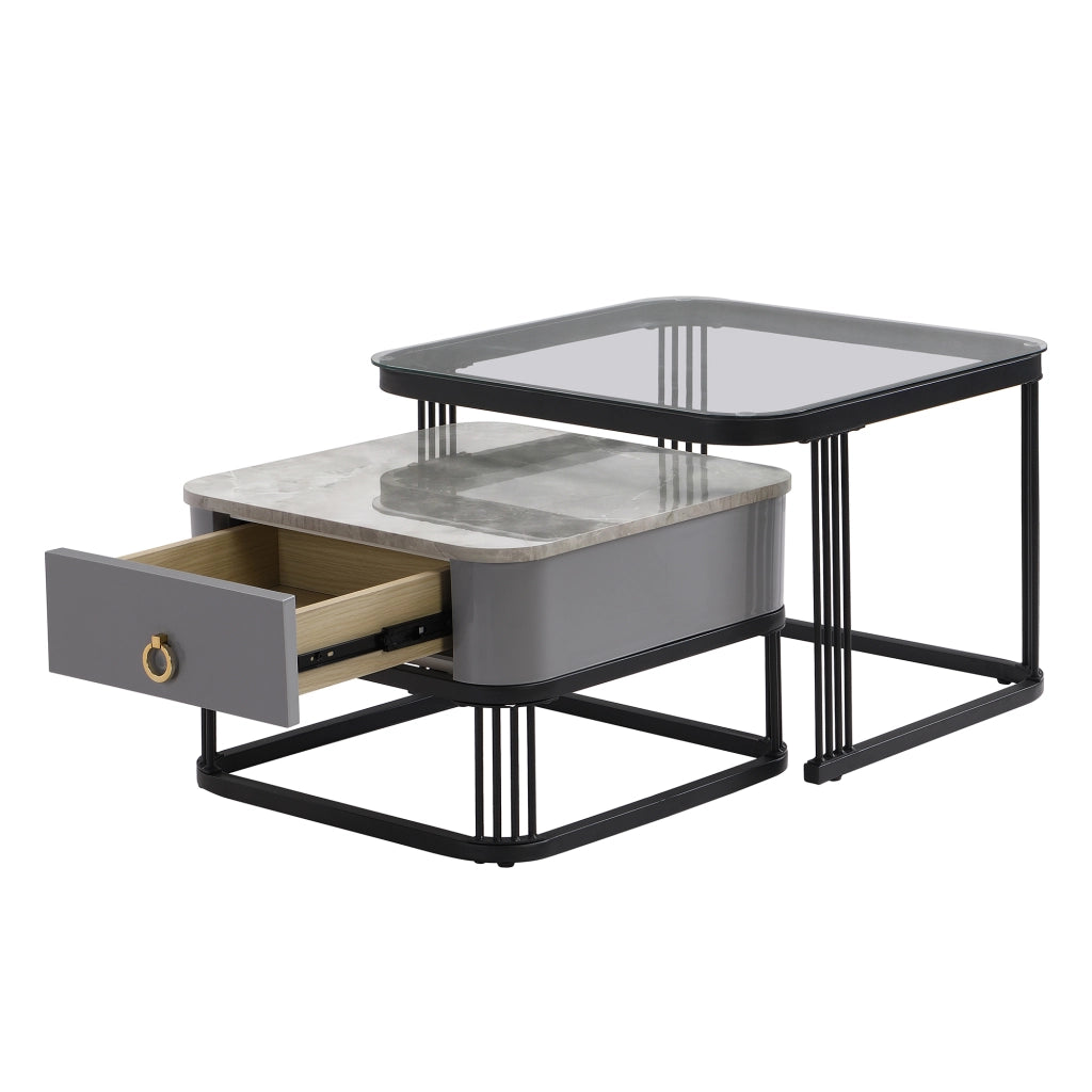 Tavolini da salotto 60x60x44.5 cm e 50x50x34.5 cm; design modulare con cassetti; MDF; nero