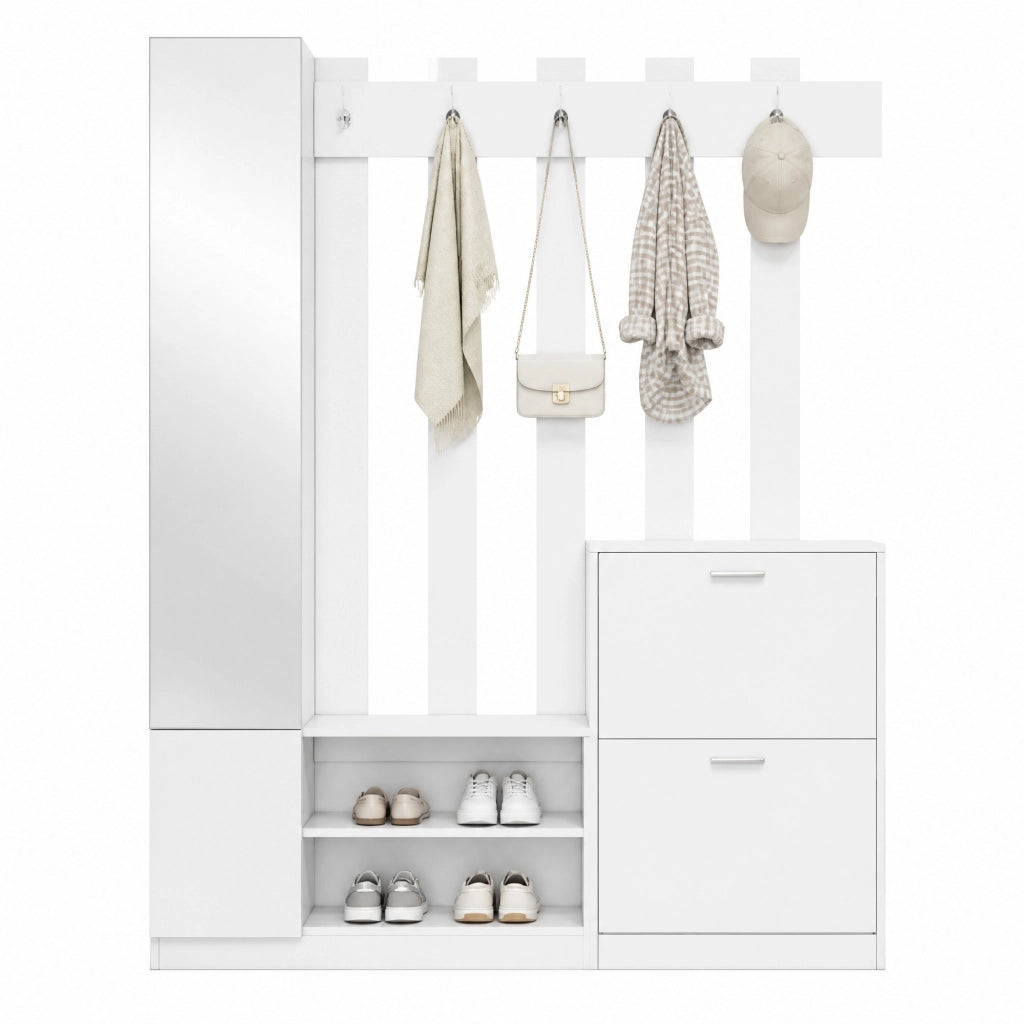 Mobile guardaroba da ingresso con specchio; 135x25x180 cm; 2 portascarpe; bianco