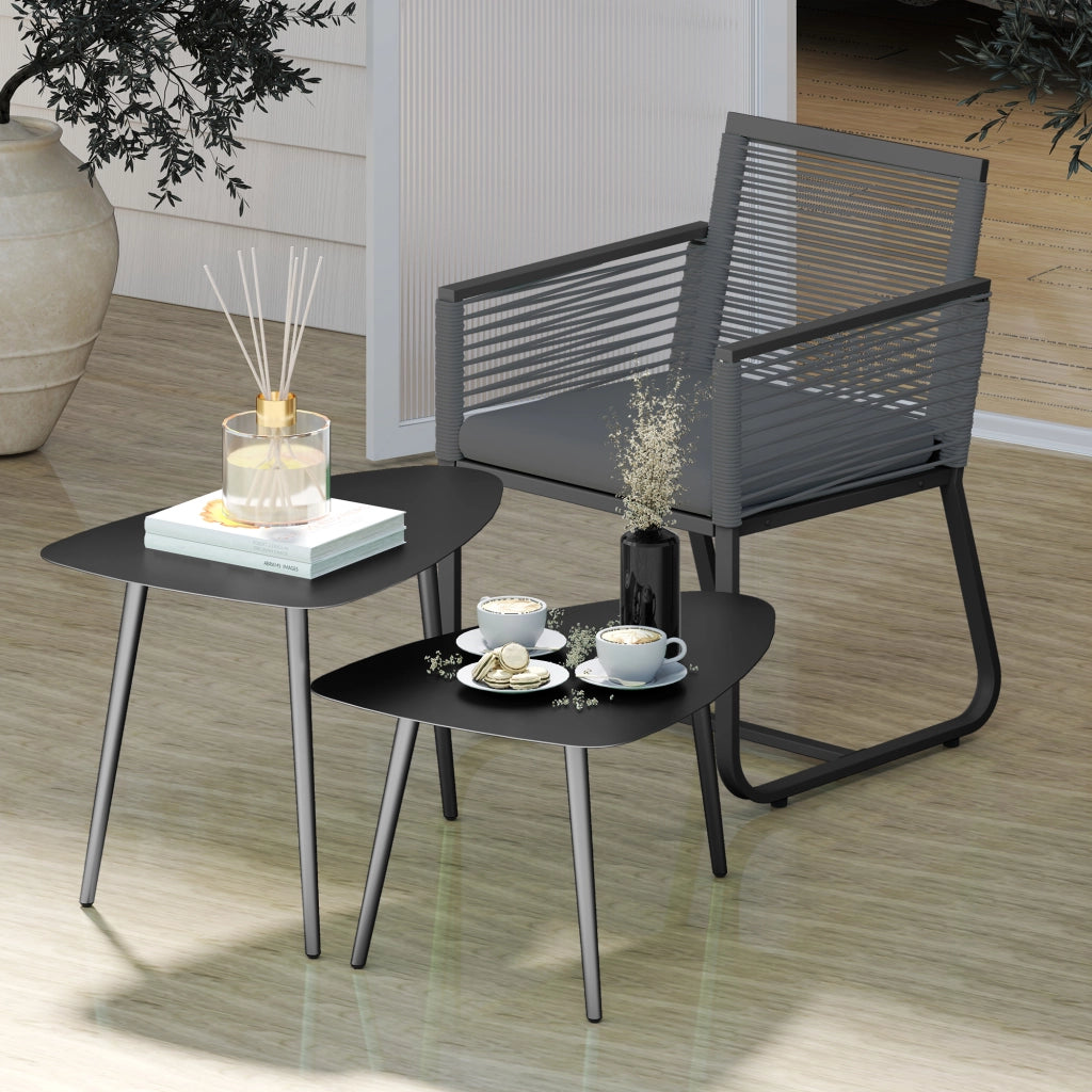 Set di 2 tavolini da caffè; tavolino da balcone in acciaio impermeabile; tavolino laterale con design geometrico; nero