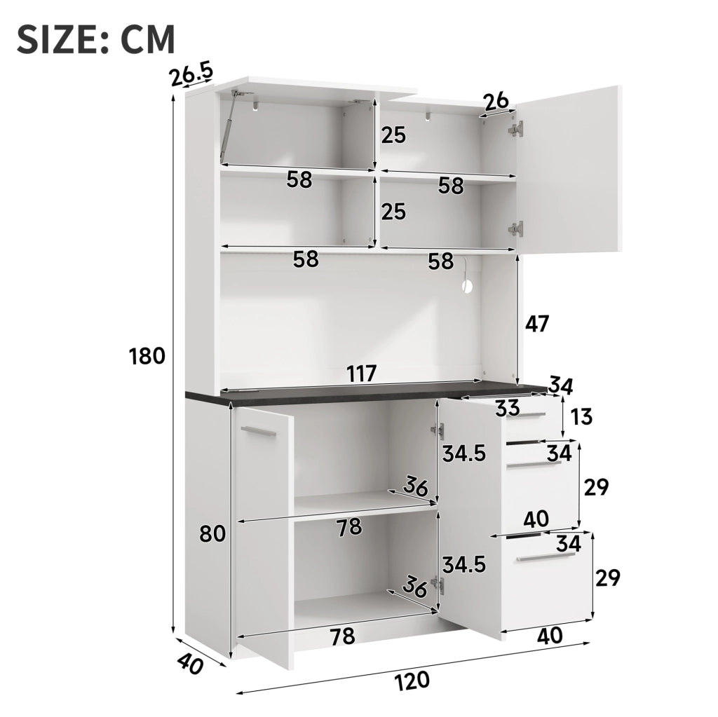 Credenza alta 120x40x180 cm con ampio spazio; prese integrate e LED multicolore; truciolare bianco