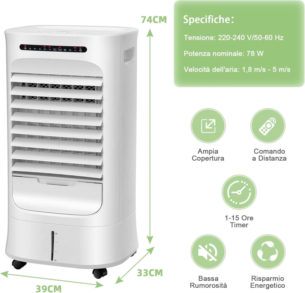 Ventilatore Condizionatore Portatile, 4 in 1 Ventilatore, Umidificatore, Purificatore d'Aria, Climatizzatore, Timer 15H, 3 Modalità & 3 Velocità, Telecomando, 2 Confezioni di Raffreddamento