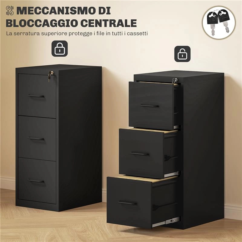 SCHEDARIO PORTADOCUMENTI MINIMAL A 3 CASSETTI CON BARRA REGOLABILE IN ACCIAIO 36.5X46.2X99 CM NERO
