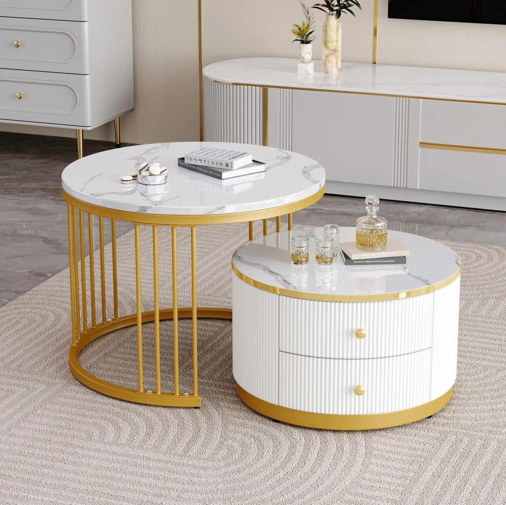Set di tavolini da caffè a incastro 60x60x45，5 e 50x50x32 cm MDF bianco 2 cassetti