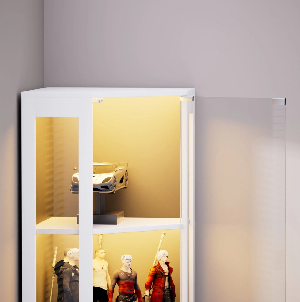 Vetrina bianca in MDF e vetro con illuminazione LED e sensore