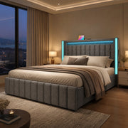 Letto imbottito matrimoniale 160x200 cm in tessuto effetto lino grigio con LED; USB e 4 cassetti