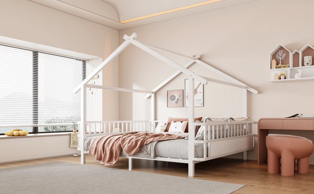 Letto per bambini 140 × 200 cm a forma di casa con barriera di sicurezza, senza materasso, in metallo, bianco