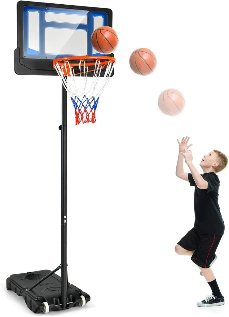Canestro Basket da Interno ed Esterno Portatile e Regolabile in Altezza 90-210cm, Canestro da Basket per Bambini con Ruote, Incavo per Pallone e Tabellone Infrangibile