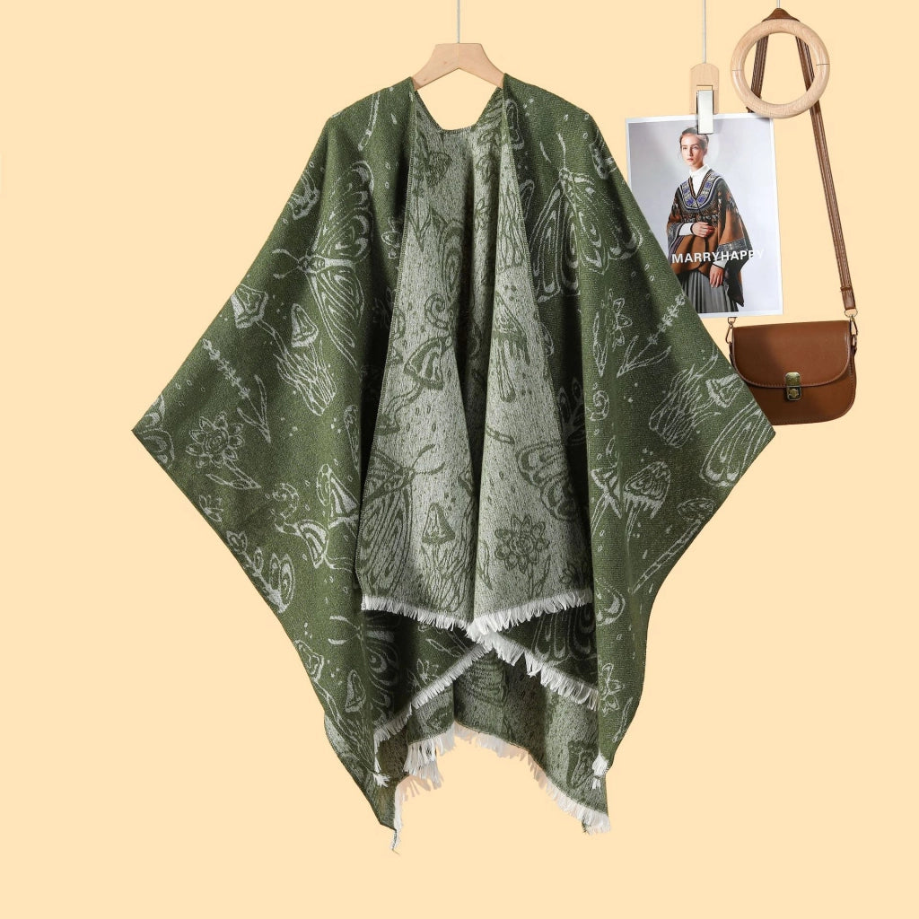 Nuovo mantello/cappotto caldo da donna in jacquard double face, stile pastorale, con spacco laterale.