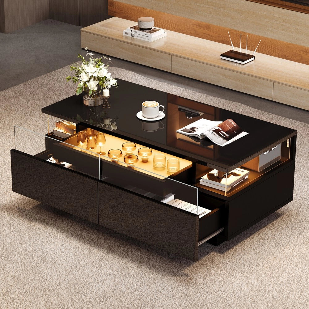 Tavolino da Caff¨¨ con LED e Cassetti ¨C MINIMAL ¨C Vetro Temperato, Nero, 90x45x35.5 cm