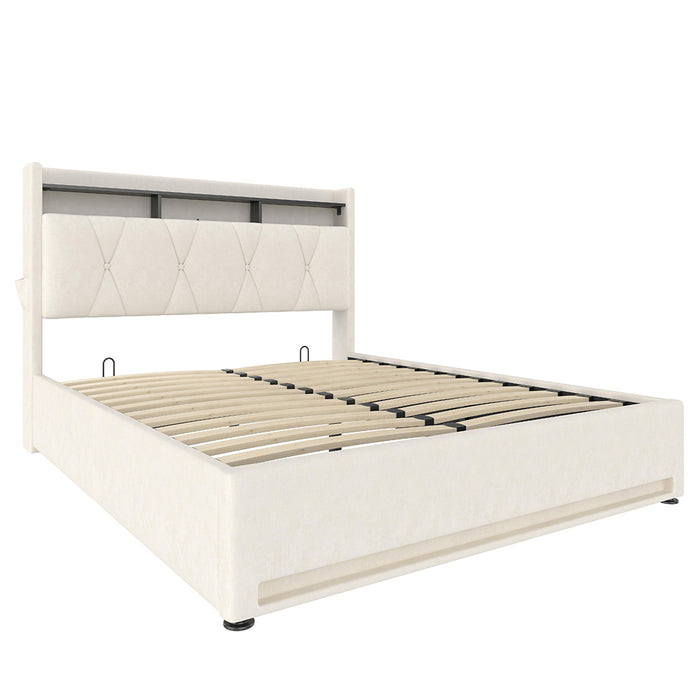 Letto 140x200cm imbottito - Xylo - beige USB-C idraulico LED