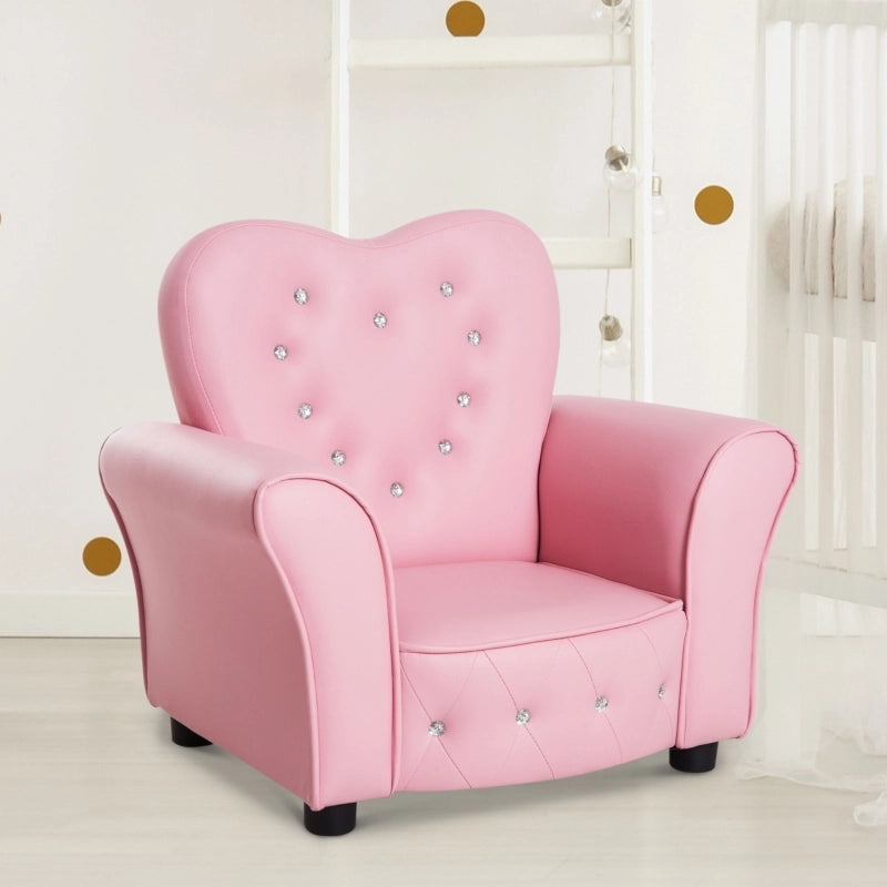Poltrona per bambini con schienale trapuntato e piedi in legno comfort e pulizia facile in PVC rosa 59 × 41,5 × 49 cm