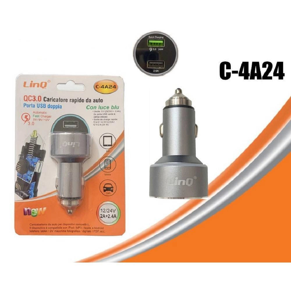 Trade Shop - Caricabatterie Alimentatore Caricatore Da Auto 2 Usb 2a+2.4a Con Luce Blu C-4a24 -