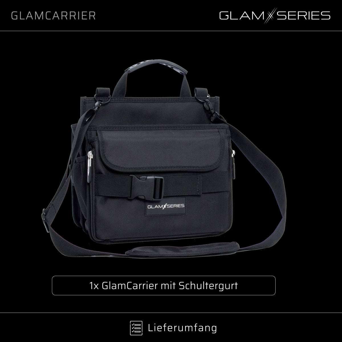 GlamSeries GlamCarrier Borsa porta trucchi con ampio spazio, trousse pieghevole per cosmetici con manico e tracolla, pochette da lavoro ideale per truccatori e parrucchieri