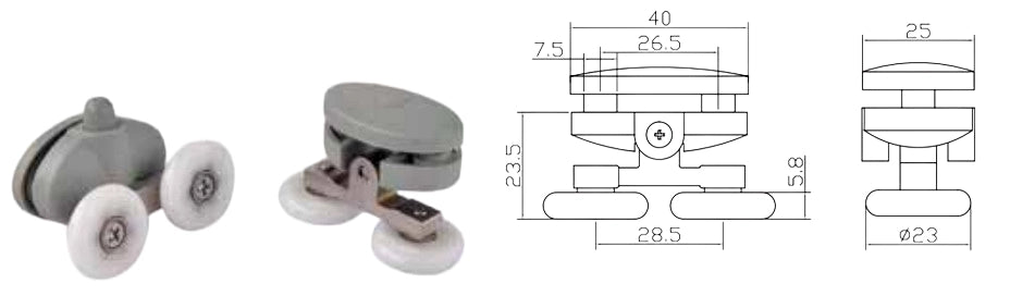 Coppia Cuscinetti Doppia Ruota Attacco Superiore Box Doccia – Nylon Grigio Ø23 mm – Foro 9 mm – Interasse 26,5 mm