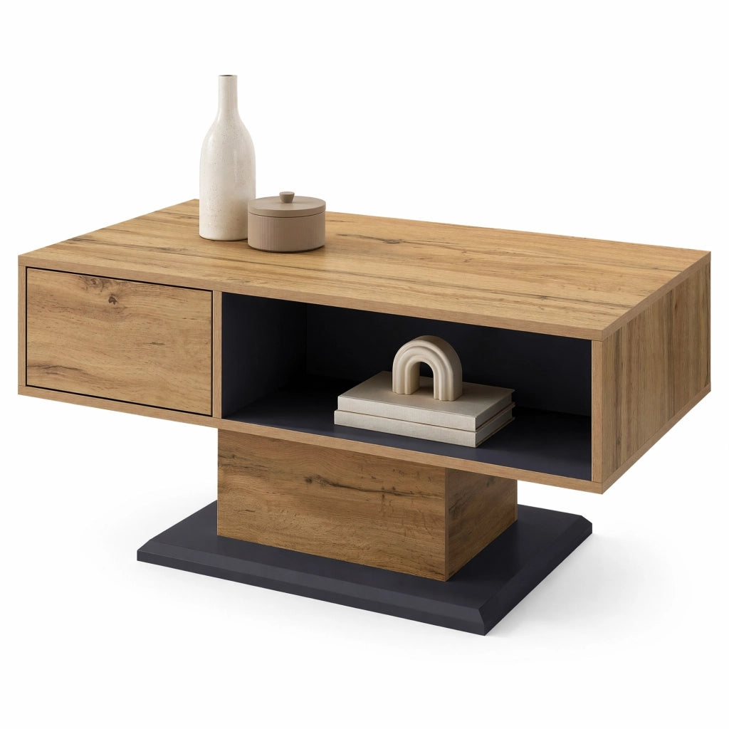 Tavolino da salotto moderno 100 x 50 x 46;5 cm con doppio vano portaoggetti; rovere e grigio