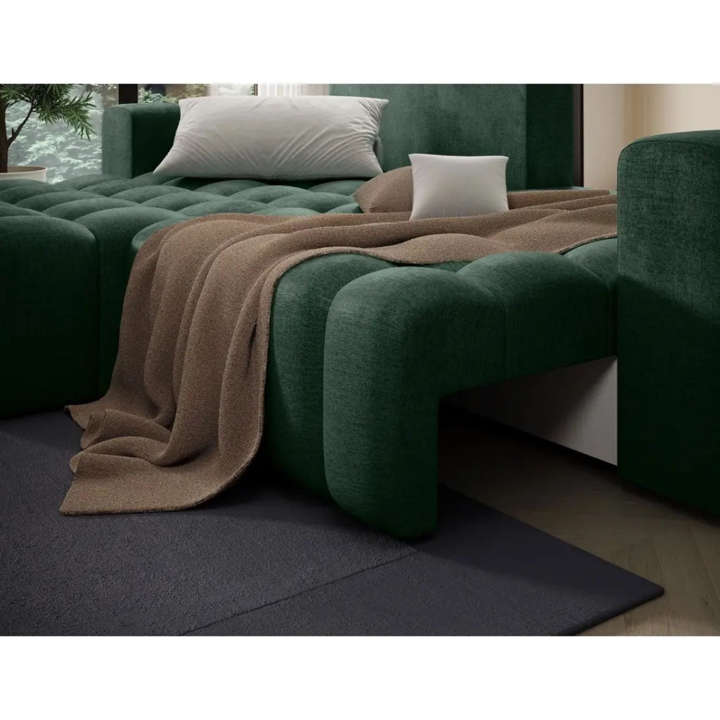 Divano ad angolo convertibile DORY verde scuro 250 cm con contenitore angolo sinistro