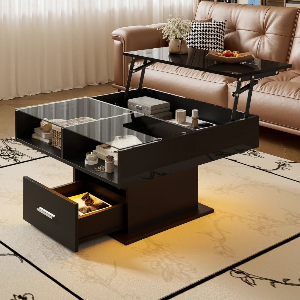 TAVOLINO da caffè alzabile 78x78 cm nero con LED e contenitore