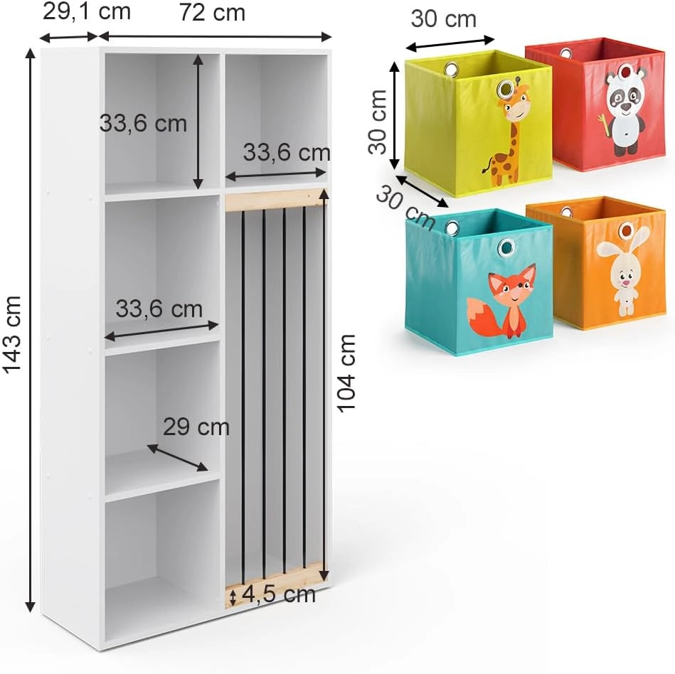 Libreria bambini Marvin, Bianco, 72 x 143 cm con 4 scatole pieghevoli opt.1, adatto per riporre giocattoli e libri